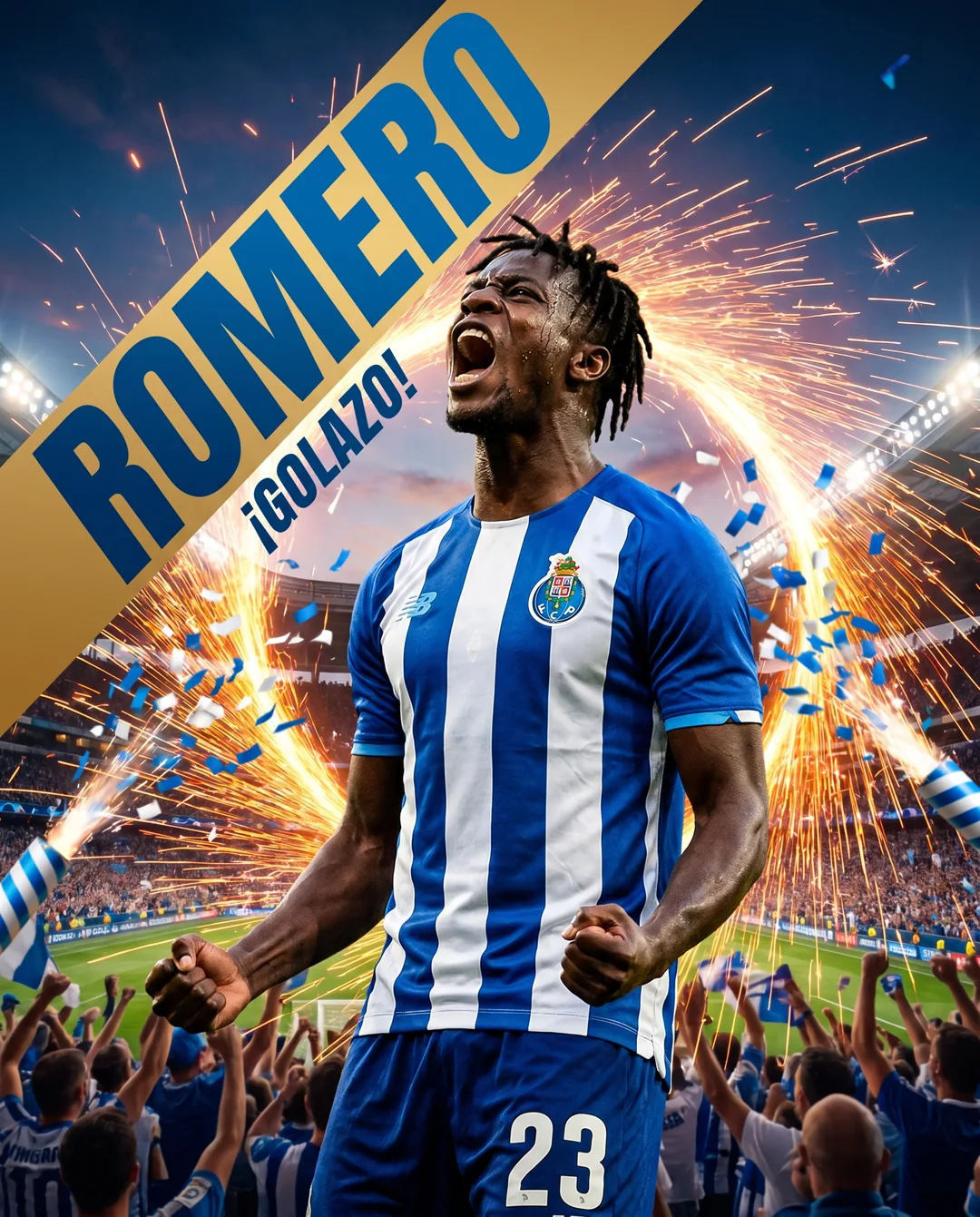 Cartel de fútbol para delantero con celebración de gol