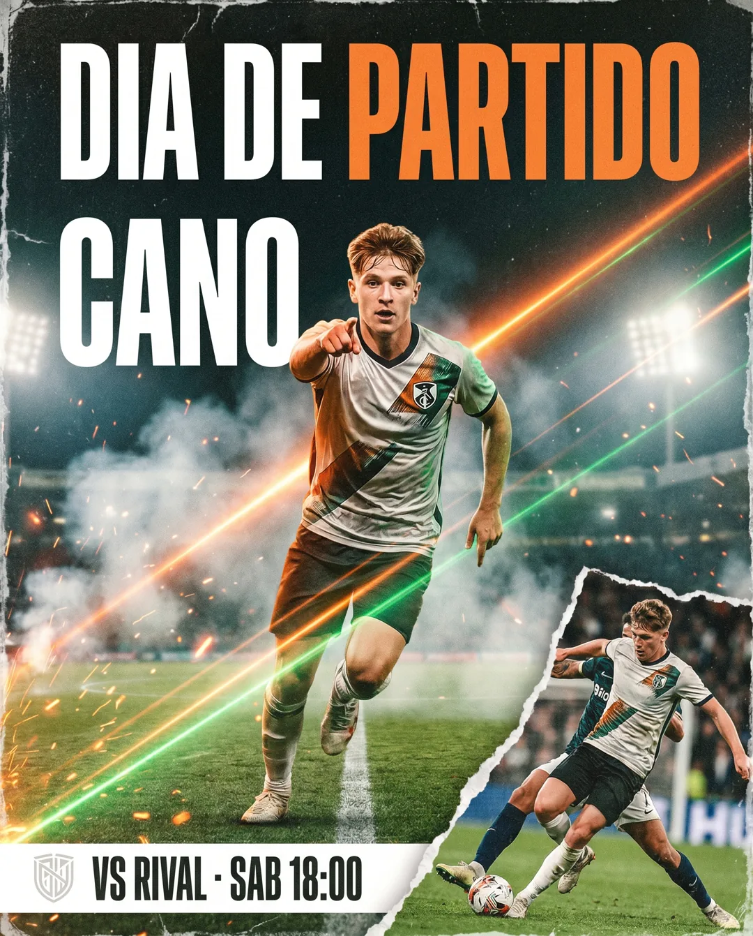 Cartel de día de partido de fútbol con rival, hora y campo